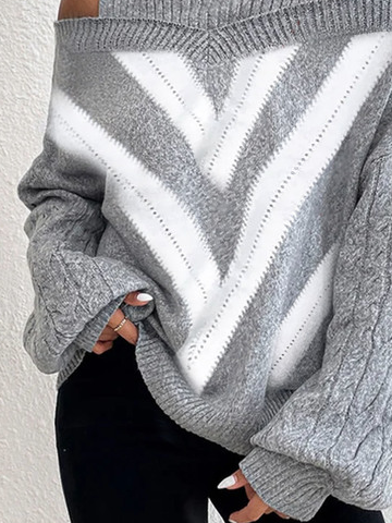 Half Turtleneck Casual Plain Color Block Cold-Shoulder Sweater