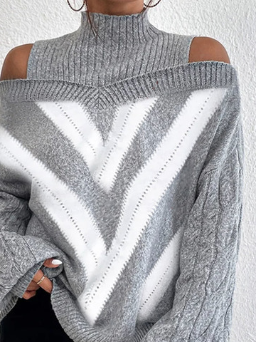Half Turtleneck Casual Plain Color Block Cold-Shoulder Sweater