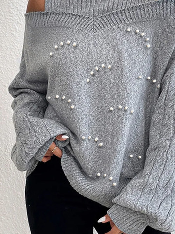 Casual Plain Cold-Shoulder Half Turtleneck Wool/Knitting Pearl Sweater