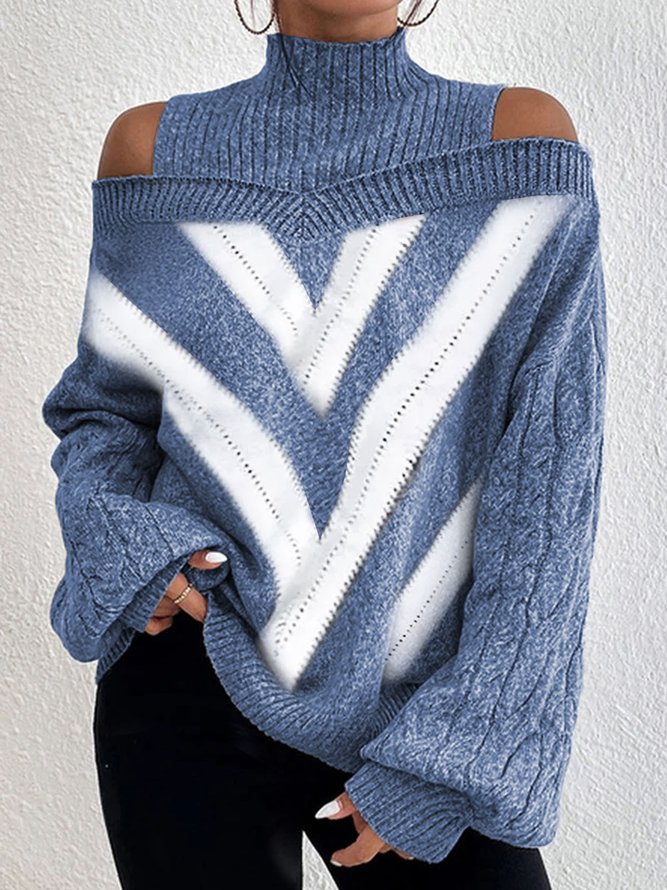 Half Turtleneck Casual Plain Color Block Cold-Shoulder Sweater