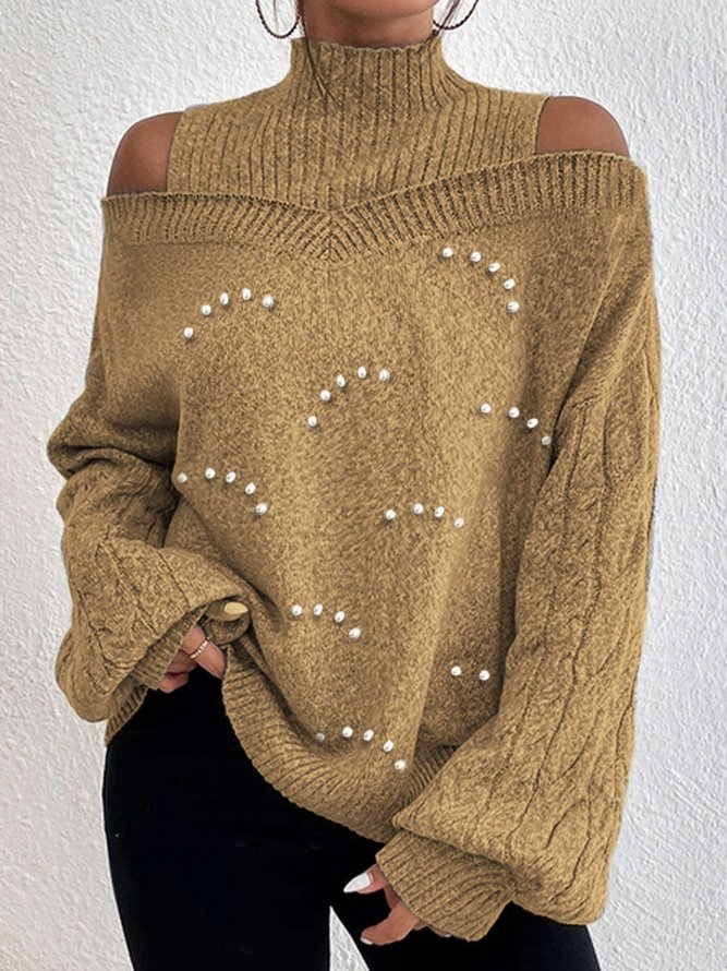 Casual Plain Cold-Shoulder Half Turtleneck Wool/Knitting Pearl Sweater