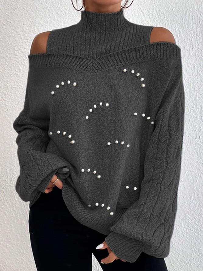 Casual Plain Cold-Shoulder Half Turtleneck Wool/Knitting Pearl Sweater