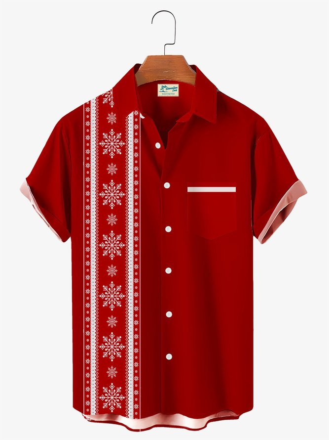  Men's Christmas Snowflakes Print Bowling Shirts Red Breathable Button Up Shirts