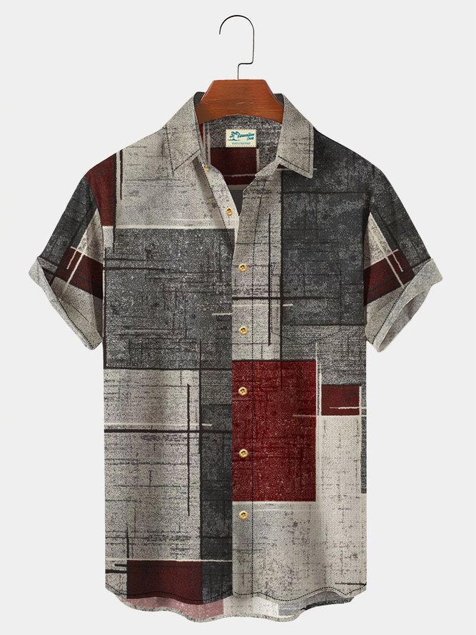 Cotton Linen Men's Holiday Geometric Texture Hawaiian Button Short Sleeve Shirt