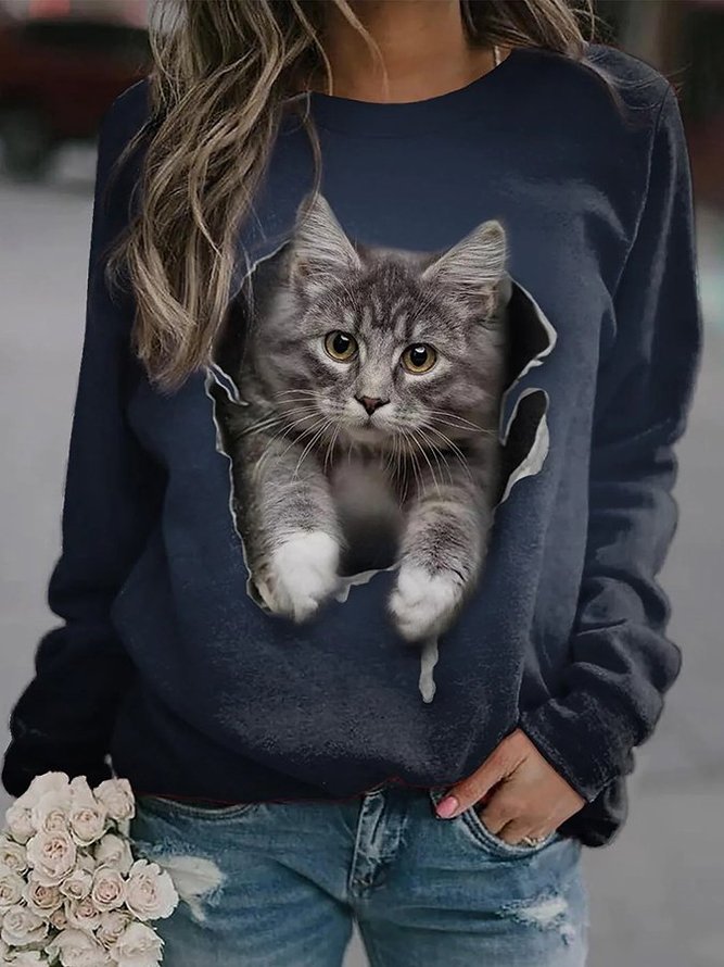 Women Cute Cat Printed Casual Sweatshirt