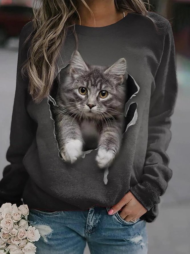 Women Cute Cat Printed Casual Sweatshirt