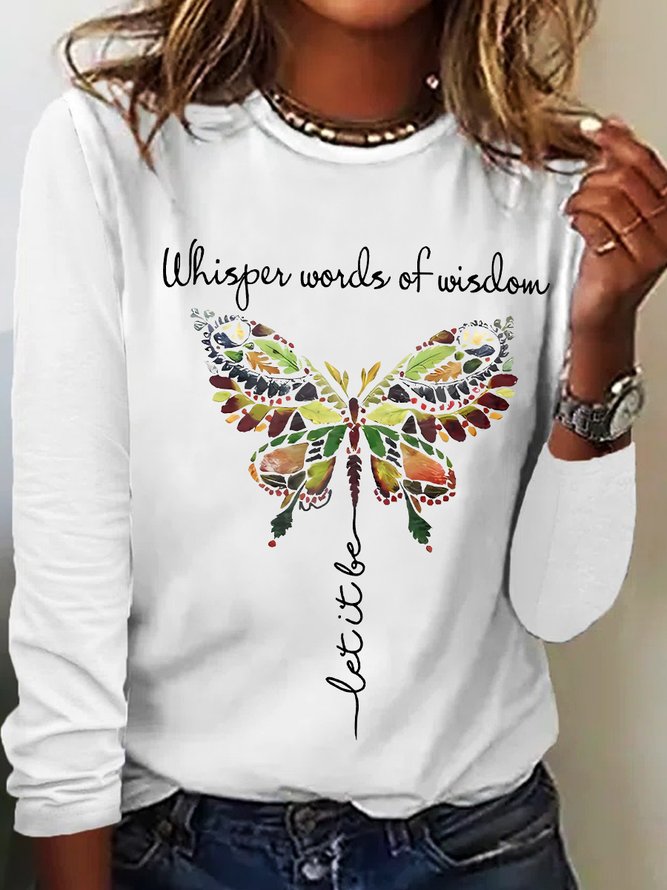 Women's Whisper Words Of Wisdom Butterfly Printed Graphic Cotton-Blend Simple Long Sleeve Top