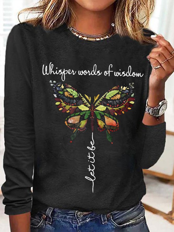 Women's Whisper Words Of Wisdom Butterfly Printed Graphic Cotton-Blend Simple Long Sleeve Top
