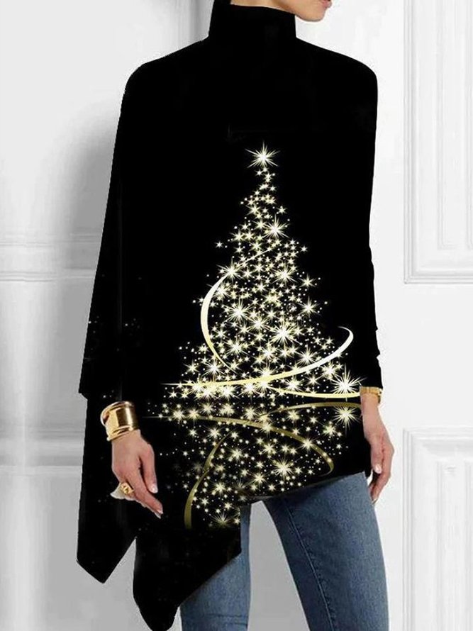 Women Christmas Tree Shift Long Sleeve Asymmetric Shirts & Tops