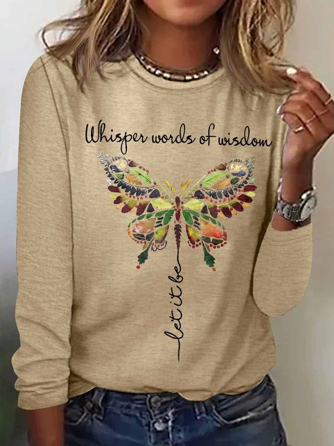 Women's Whisper Words Of Wisdom Butterfly Printed Graphic Cotton-Blend Simple Long Sleeve Top