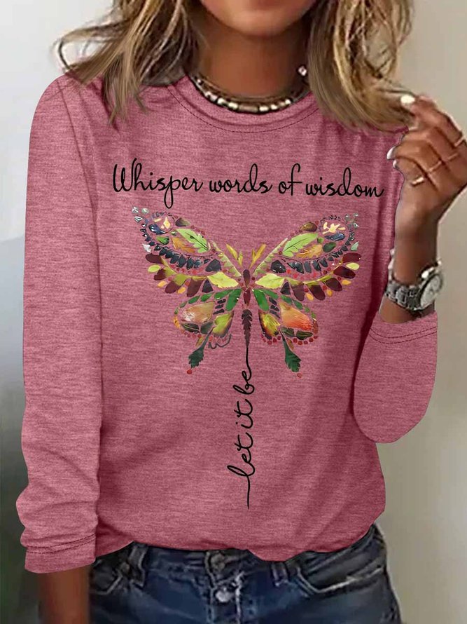 Women's Whisper Words Of Wisdom Butterfly Printed Graphic Cotton-Blend Simple Long Sleeve Top