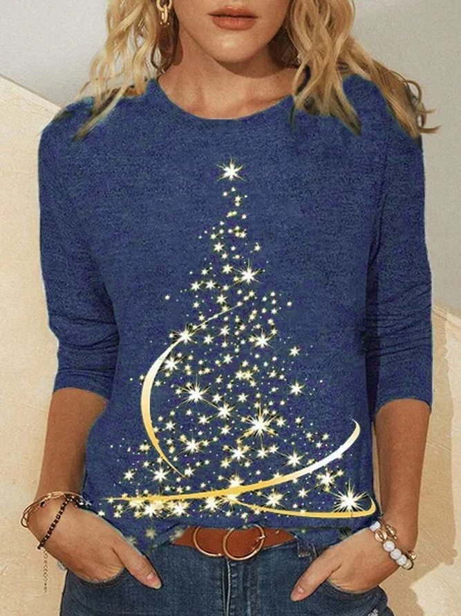 Christmas Xmas Gold Star Tree Fashion Plus Size Crew Neck Women Black Holiday Shirts & Tops