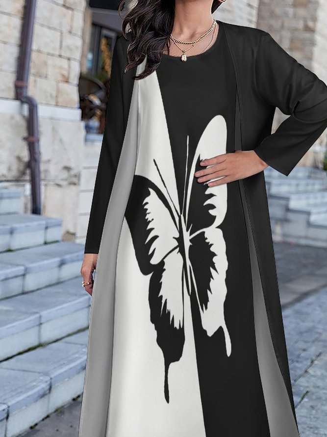Women Printed Casual Round Neck Two Piece Dresses