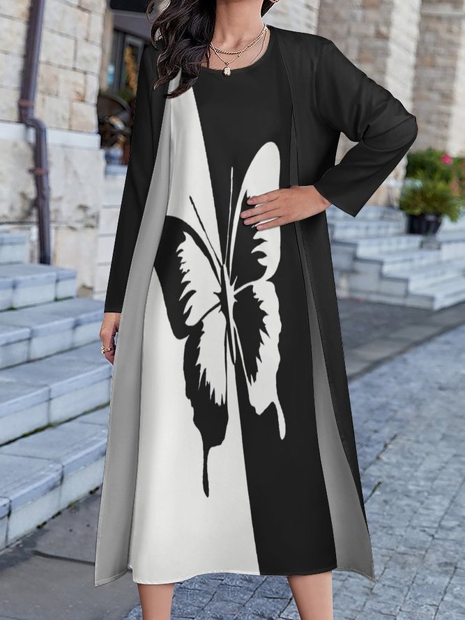 Women Printed Casual Round Neck Two Piece Dresses