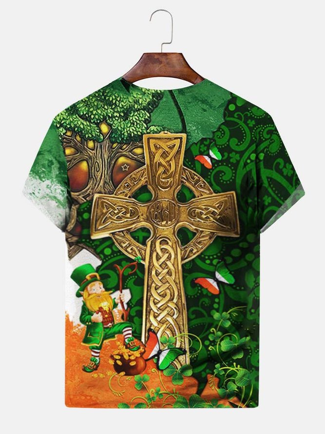 Green Irish Celtic Cross Men's T-Shirt  Cartoon Dwarf Stretch Cotton Blend Oversized Tops