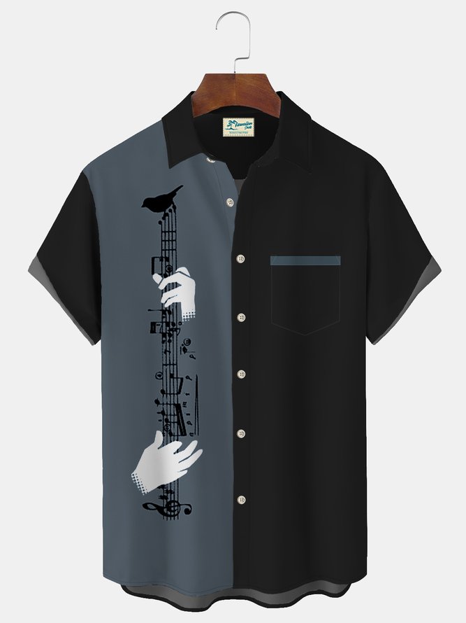 Vintage Bowling Musical Print Men's Vacation Hawaiian Big and Tall Aloha Shirt
