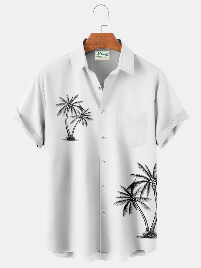 Hawaiian cotton hemp coconut tree men's pocket button shirt