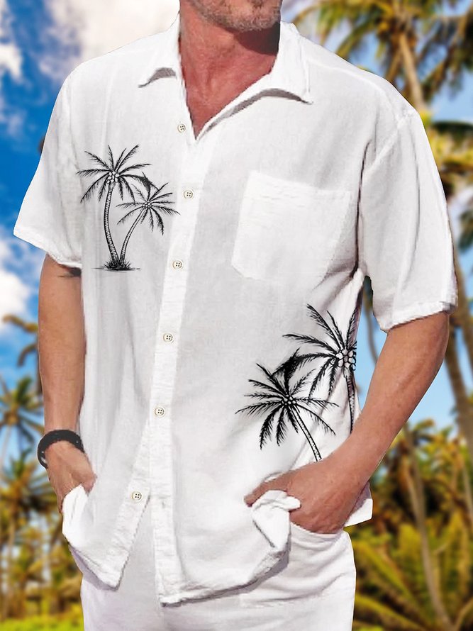 Hawaiian cotton hemp coconut tree men's pocket button shirt