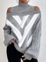 Half Turtleneck Casual Plain Color Block Cold-Shoulder Sweater
