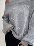 Casual Plain Cold-Shoulder Half Turtleneck Wool/Knitting Pearl Sweater