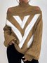 Half Turtleneck Casual Plain Color Block Cold-Shoulder Sweater