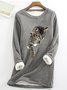 Women Funny Simple Crew Neck Cat Warmth Fleece Sweatshirt