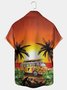 Sunset Ocean Sightseeing Bus Coconut Tree Breast Pocket Hawaiian Shirt Oversized Vacation Shirt