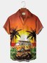  Sunset Ocean Sightseeing Bus Coconut Tree Breast Pocket Hawaiian Shirt Oversized Vacation Shirt