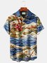 Beach Vacation Blue Men's Hawaiian Shirts Island Music Coconut Tree Guitar Cartoon Ocean Wave Art Plus Size Aloha Camp Pocket Shirts