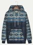 JoyMitty Outdoor Nomad Aztec Geometric Blue Men's Drawstring Hoodies Art Patchwork Stretch Plus Size Pullover Sweatshirts