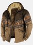 JoyMitty Vintage Aztec Khaki Men's Drawstring Hoodies Stretch Warm Fleece Ethnic Geometric Art Pullover Sweatshirts