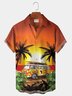  Sunset Ocean Sightseeing Bus Coconut Tree Breast Pocket Hawaiian Shirt Oversized Vacation Shirt