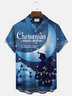 Christmas Holiday Cartoon Blue Men's Shirts Stretch Art Christmas Tree Fun Camp Pocket Shirts